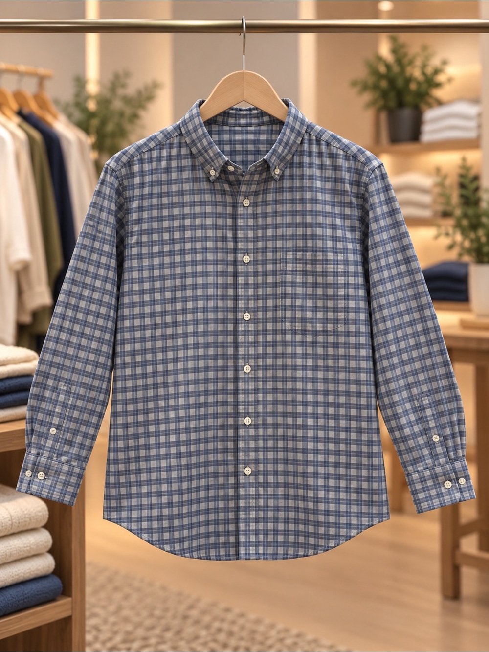 Savannah Gray and Blue Plaid Casual Button-Down Shirt